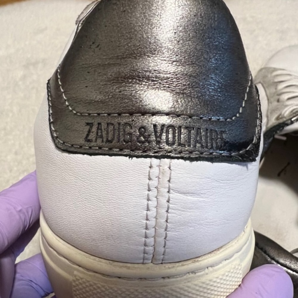 Zadig And Voltaire White&Metallic Gray Leather Sneakers Lace Up Studded Sz 8/39 - Image 9